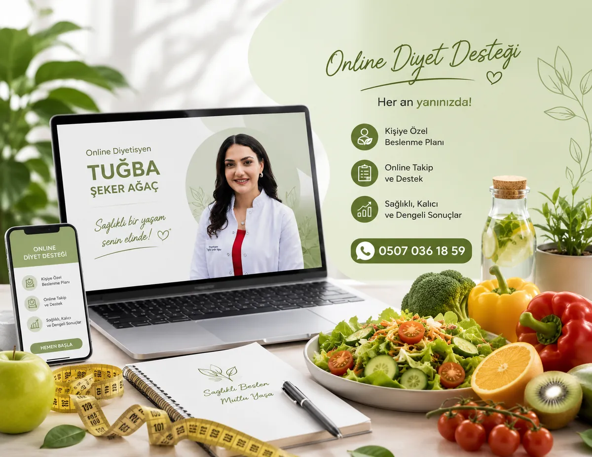 Online diyet desteği — kişiye özel beslenme süreci bilgilendirme görseli